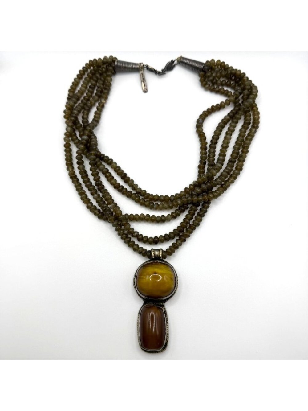 Custom Multi-Strand Green Cats Eye Quartz Necklace With Sterling Silver & Amber